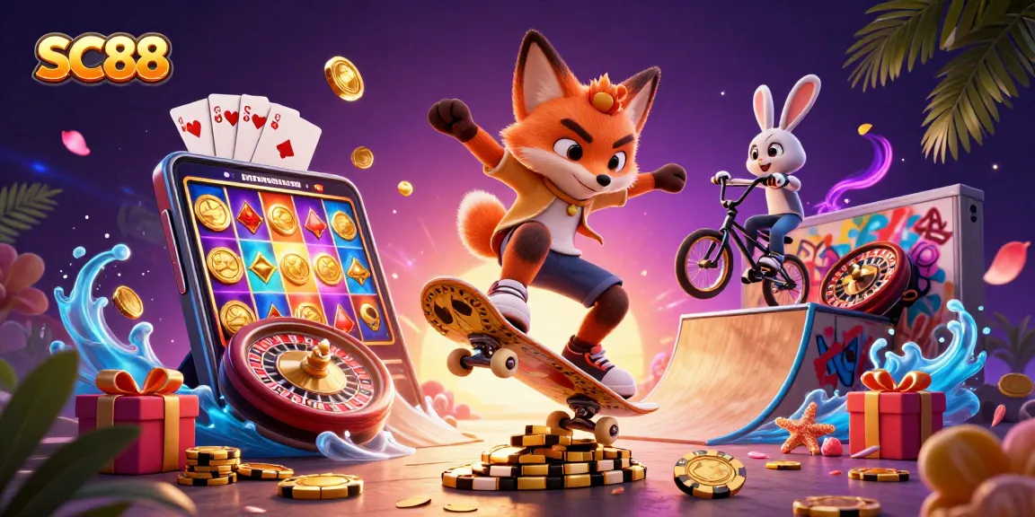 SC88 showcases a vibrant 3D scene with a skateboarder fox and BMX-riding rabbit amid casino elements.
