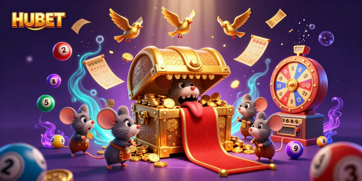 Experience thrilling lottery excitement with HUBET's animated treasure scene filled with colorful balls.