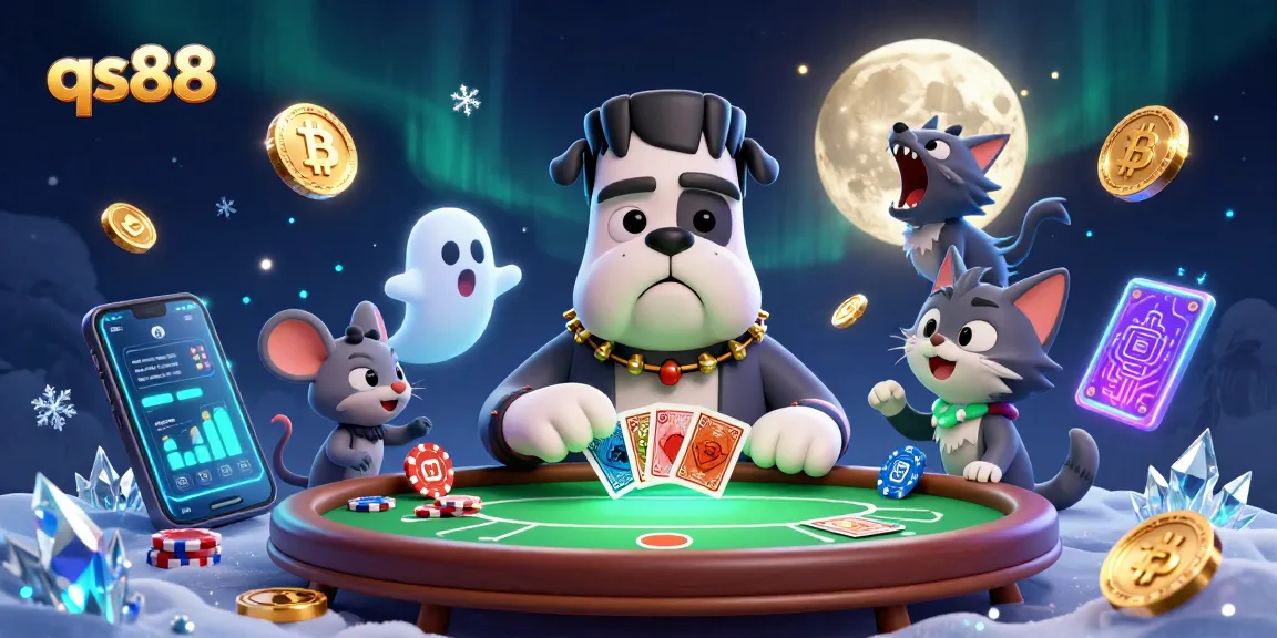 qs88 poker scene featuring unique characters, the bulldog monster deals cards energetically
