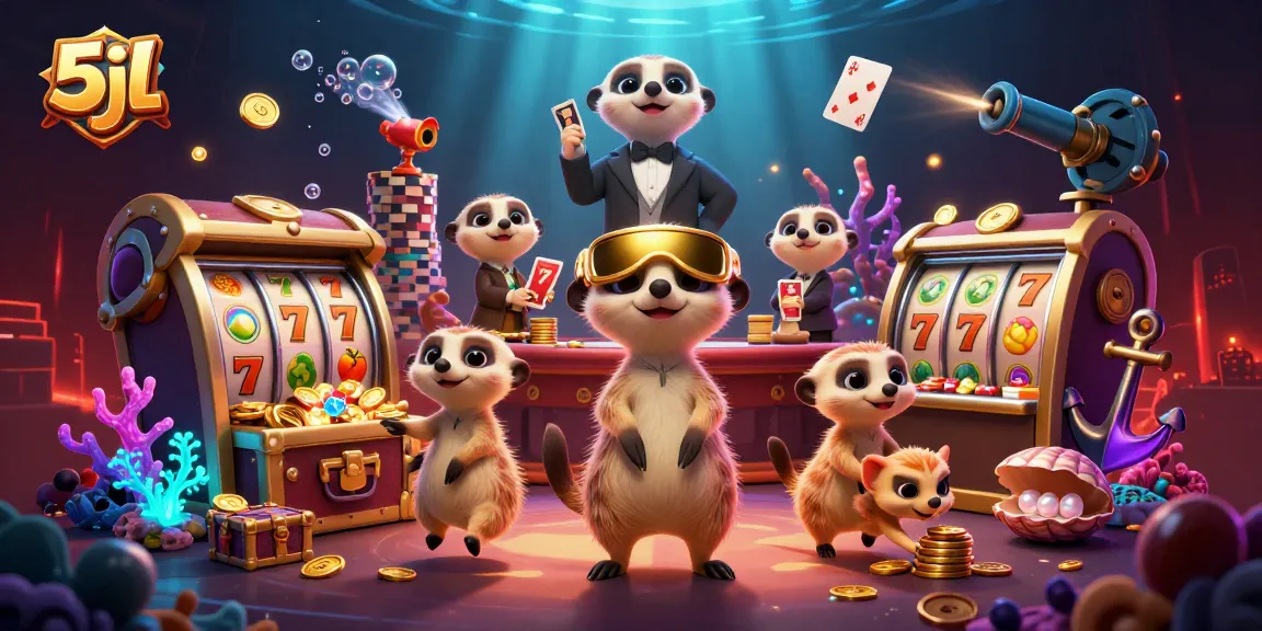 5jl meerkats run a vibrant casino featuring slot reels and treasures in a dynamic underwater scene