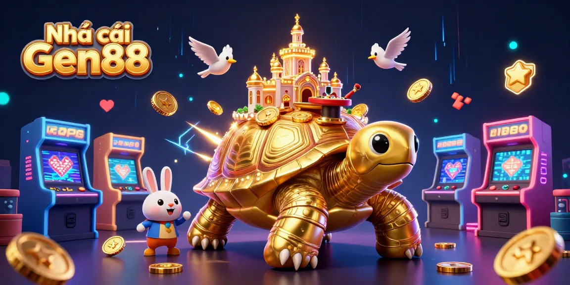 Experience Nhà cái Gen88 with a vibrant scene featuring a golden tortoise casino and engaging characters.