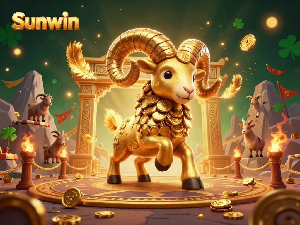 Engage in exciting gameplay with Sunwin as a 3D golden ram charges through a golden gate in this vibrant casino scene.
