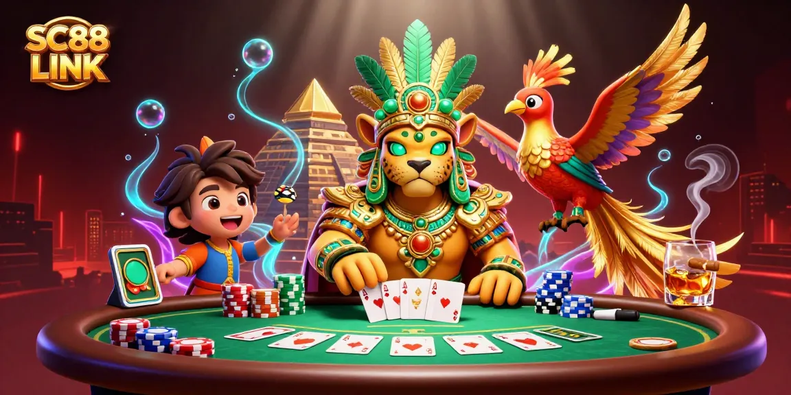 Experience the excitement of SC88 LINK with vibrant poker action featuring a Mayan jaguar priest and extensive gaming elements.