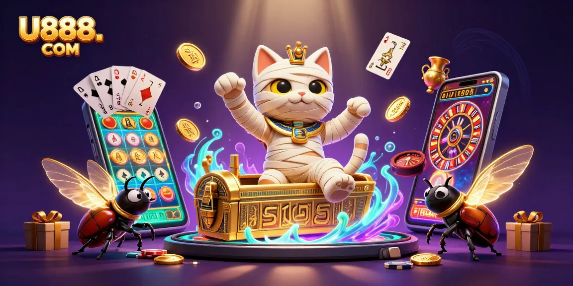 Experience the thrill of U888. COM with a dynamic casino scene featuring an Egyptian mummy cat and gaming elements.