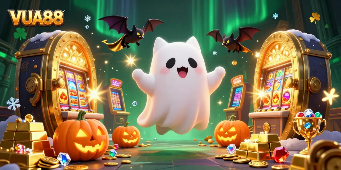 VUA88 engages players with a ghost cat in a casino, surrounded by gold treasures and festive glowing elements.