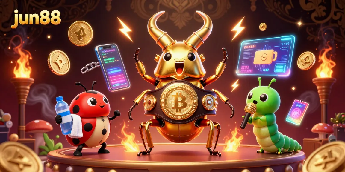Engage with jun88 in this exciting 3D scene featuring a giant golden stag beetle and crypto elements, capturing the thrill of online betting.