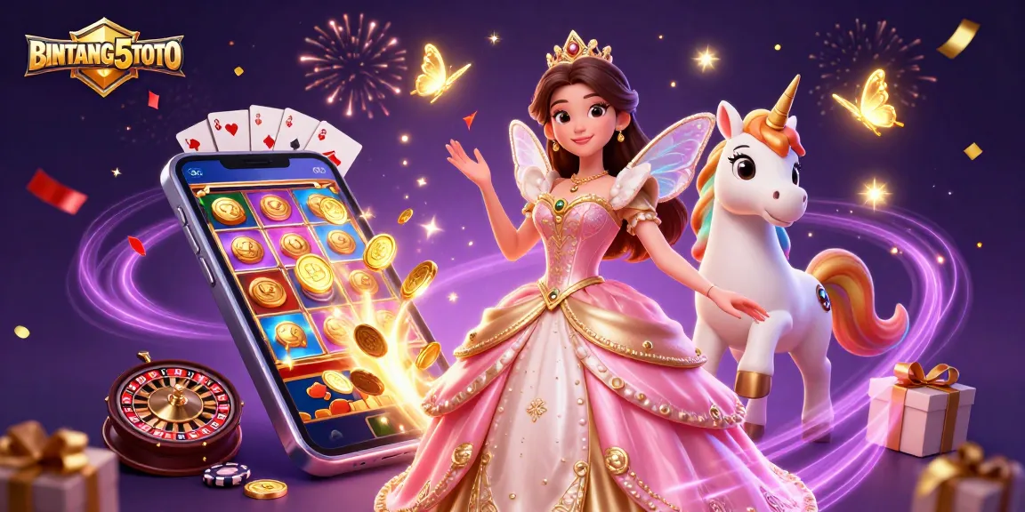 BINTANG5TOTO showcases an enchanting scene with a glamorous woman, a unicorn, and dynamic gambling elements.