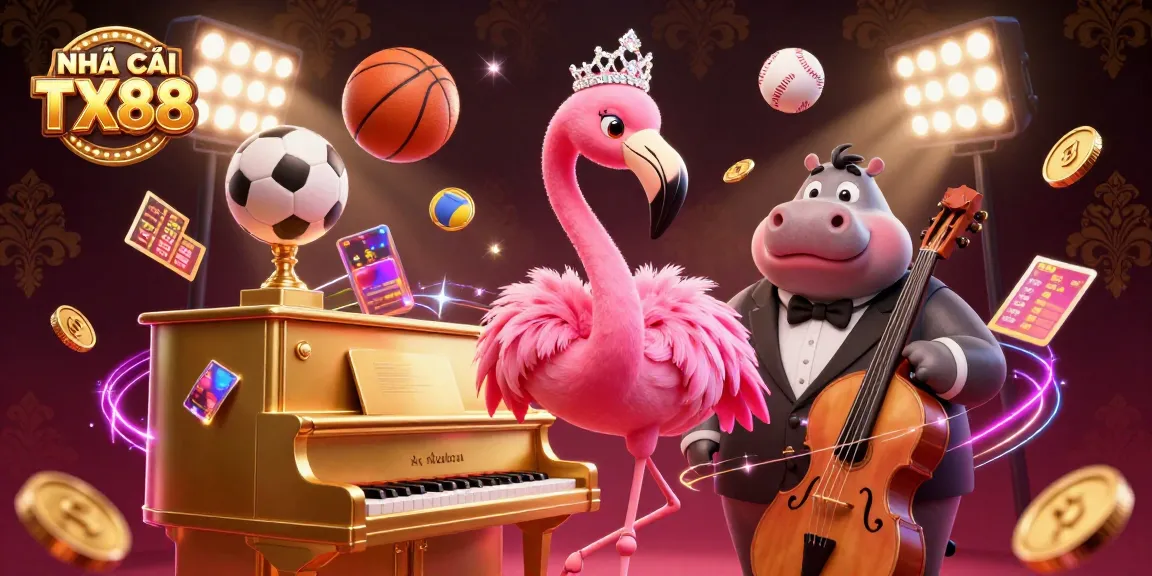 NHÀ CÁI TX88 showcases a vibrant casino scene with a flamingo singer and hippo bassist surrounded by dynamic sports betting elements.
