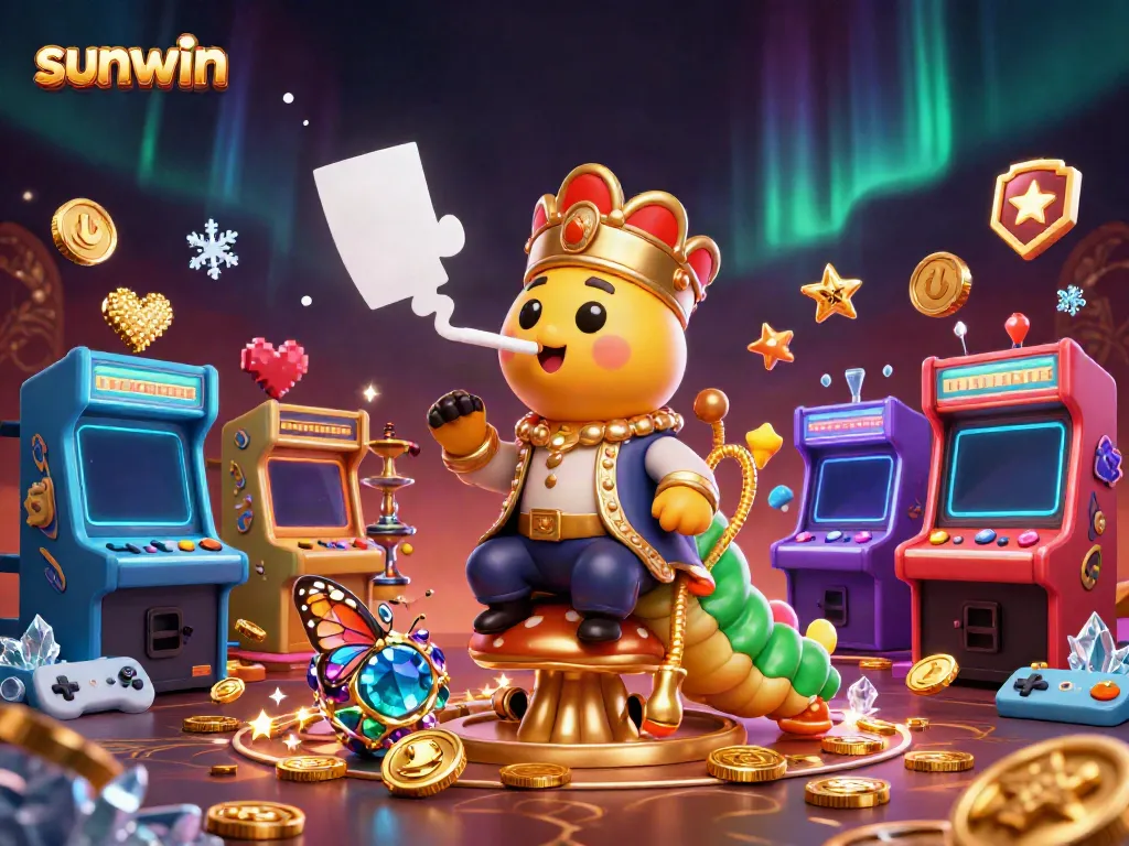 Engaging sunwin gaming scene featuring a vibrant caterpillar master and game machines filled with sparkling coins.