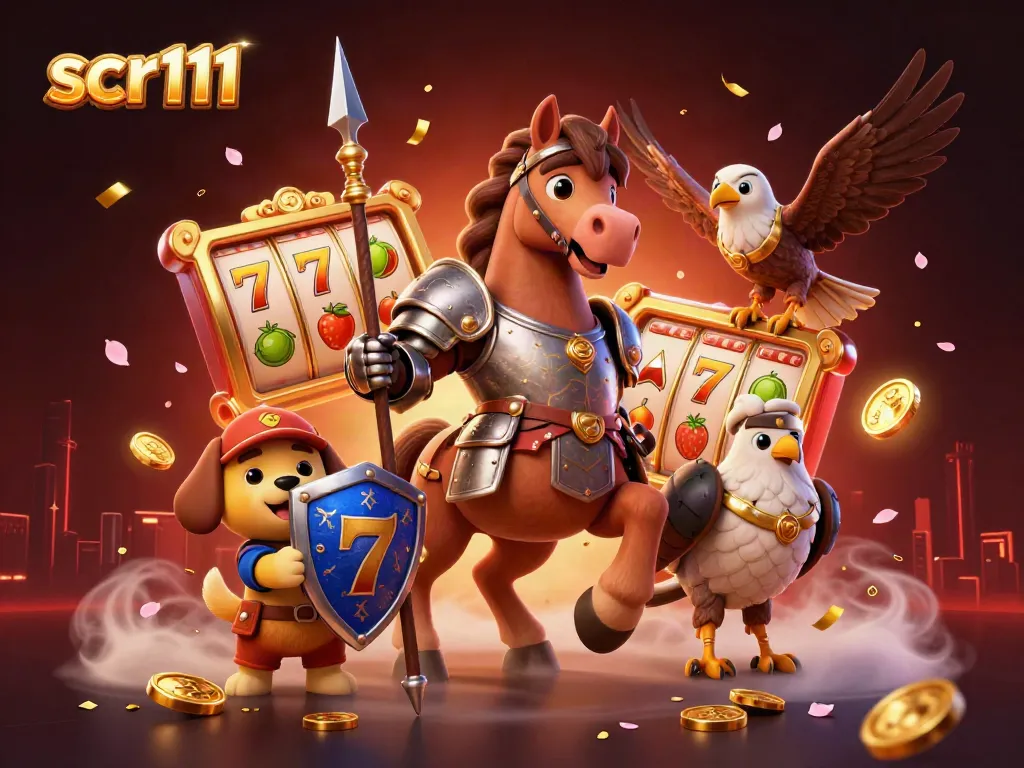 Enjoy the excitement of scr111 with a lively scene featuring characters amidst dynamic slot reels and festive elements.