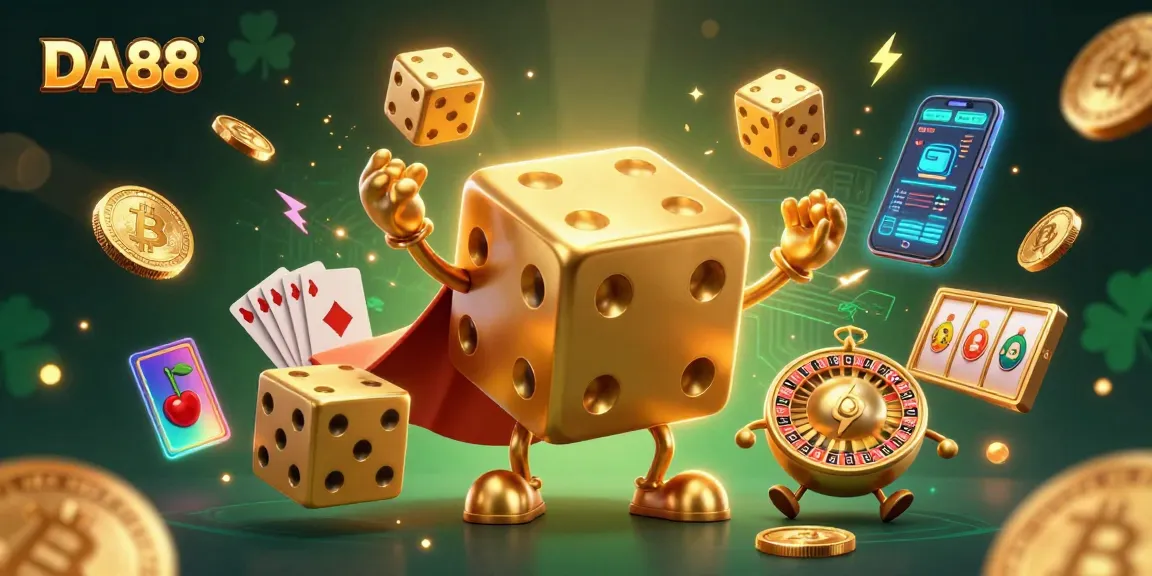 Engage with DA88's vibrant showcase of games and crypto excitement in this 3D casino scene.