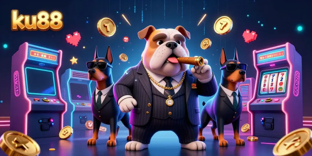 Engage with ku88's dynamic casino scene showcasing colorful slots and game elements with a mafia theme.