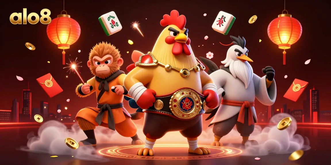 Experience exciting action with alo8's dynamic 3D illustration featuring a fierce Muay Thai rooster, a skillful monkey, and a wise crane in a vibrant casino environment.