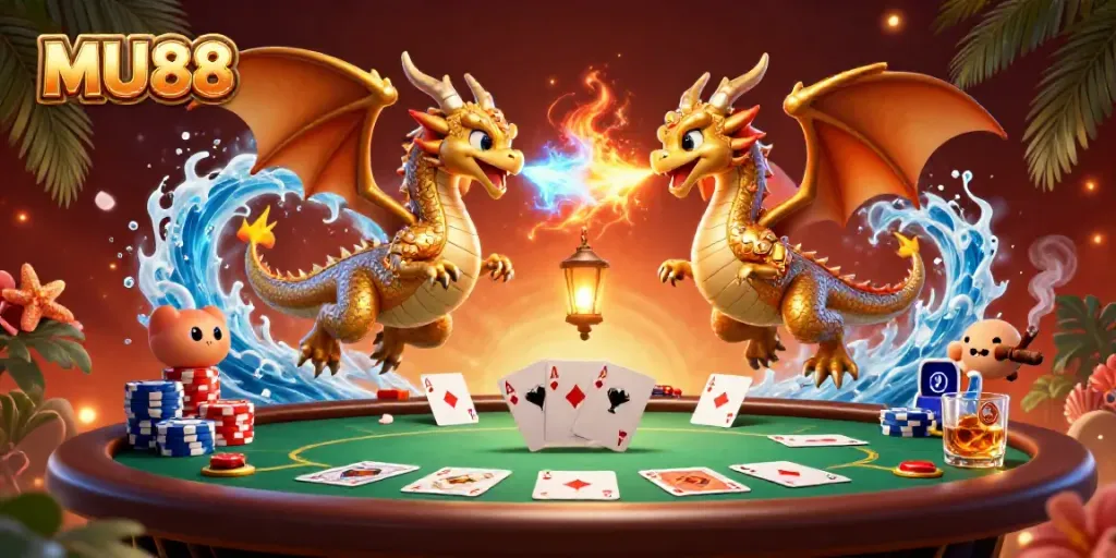 Experience the thrilling MU88 adventure with dynamic dragons in a vibrant casino scene.
