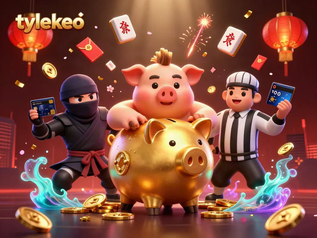 Experience dynamic action with tylekeo's golden piggy bank sumo wrestler in a rich 3D gambling-themed illustration.