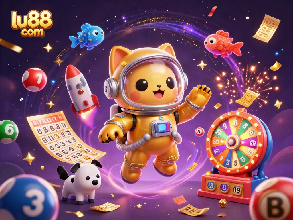 Win exciting rewards at lu88 com with a dazzling 3D digital illustration showcasing casino elements.