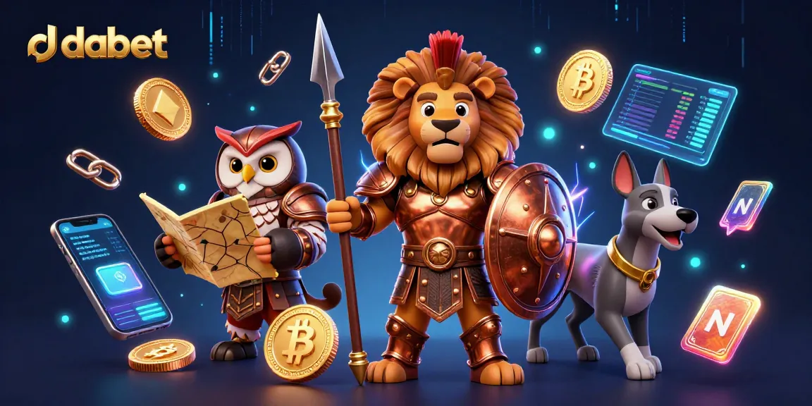 Dabet showcases a Spartan lion, tactical owl, and swift greyhound in a vibrant crypto casino scene.