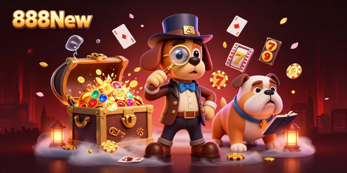 Experience the excitement of 888New with a detective dog uncovering poker treasures in an immersive casino scene.
