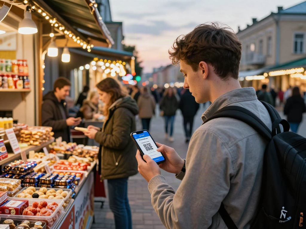 Rusya'da PayInRussia uygulaması ile QR kodu gösteren gezginin hareketli bir şehir manzarası.