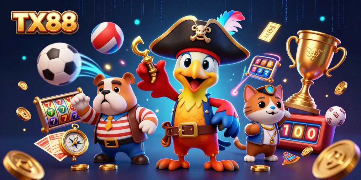 Experience excitement at TX88 with a lively 3D casino scene featuring engaging characters and gaming elements.