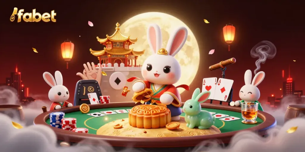 Experience fabet with a 3D illustration of a moon rabbit and poker elements in a vibrant casino setting.