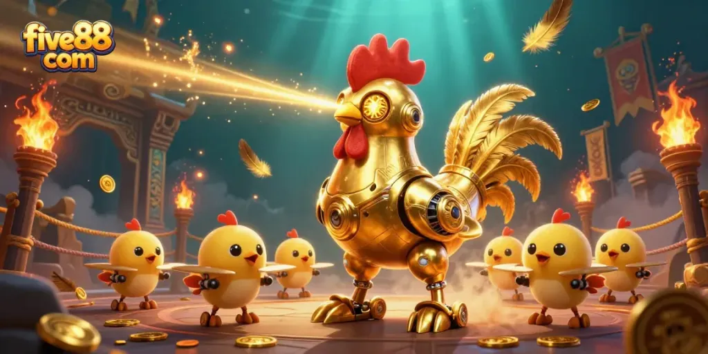 Engage with five88 com through an exciting scene featuring a golden rooster robot and dynamic casino elements.