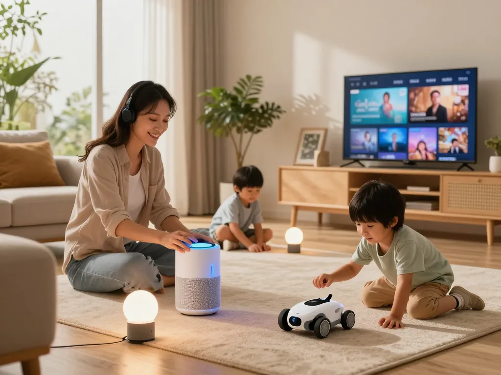 Family enjoying tech gadgets for home in a vibrant living room.
