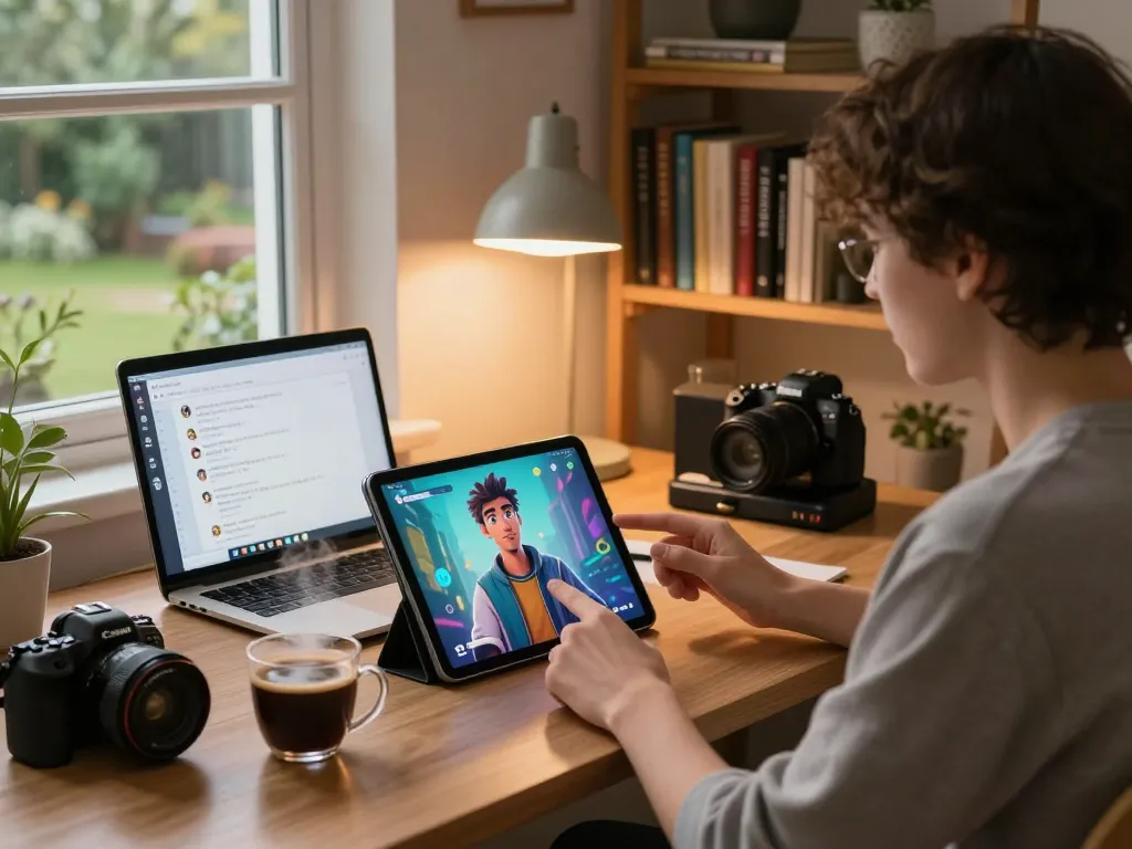 Engaging AI character chat on a tablet in a cozy home office atmosphere, showcasing crushon technology.