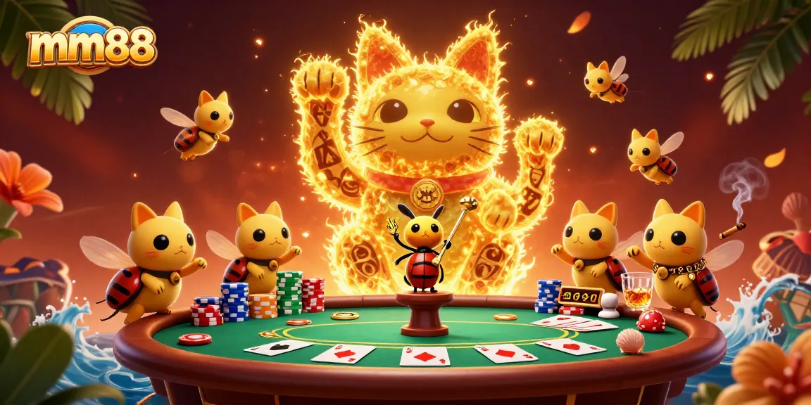 Bet on mm88 as a lucky cat waves amidst colorful poker chips in a vibrant casino scene.
