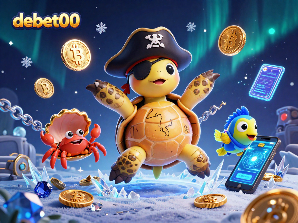 Explore winnings at debet00 with a vivid 3D illustration of a pirate turtle and crypto treasures.