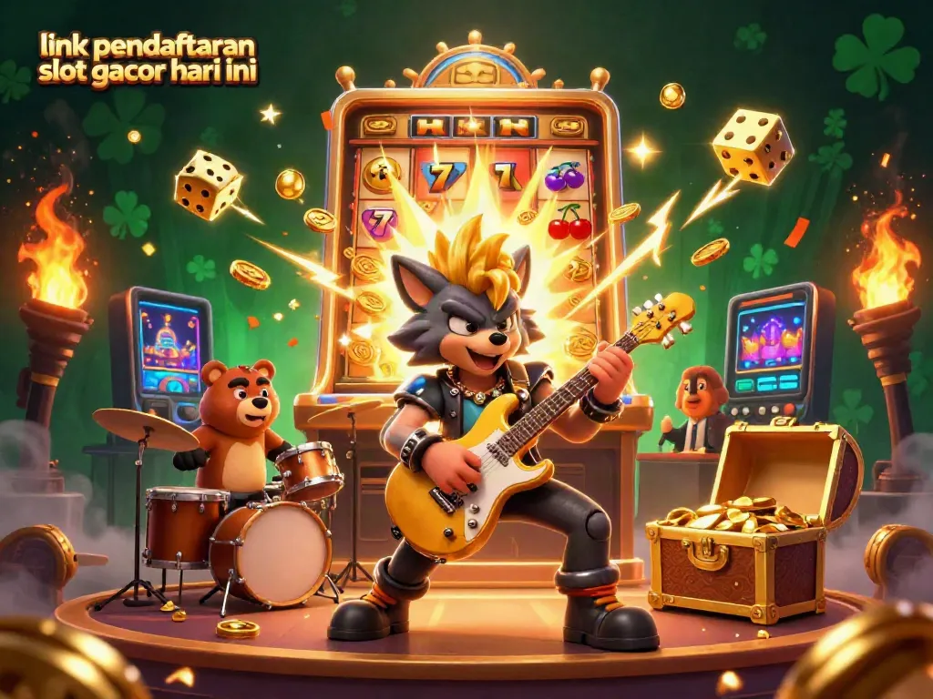 Link pendaftaran slot gacor hari ini dengan karakter animasi 3D yang meriah dan elemen permainan kasino.