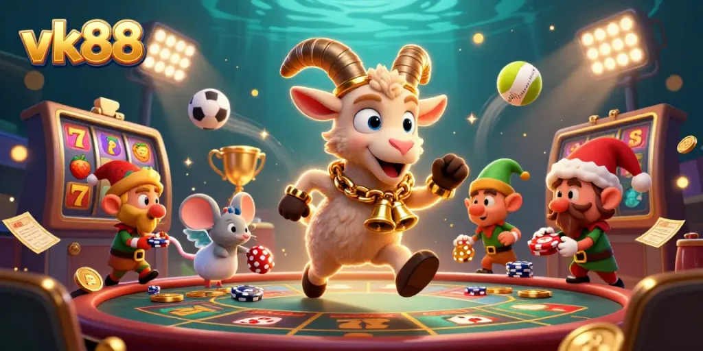 Experience the thrill of vk88's vibrant casino with Krampus, angel mouse, and elf gremlins amidst animated slot elements.
