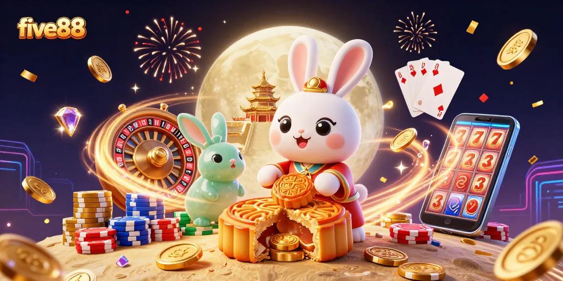 Experience the excitement of five88 as a moon rabbit reveals poker chips amidst vibrant casino elements.