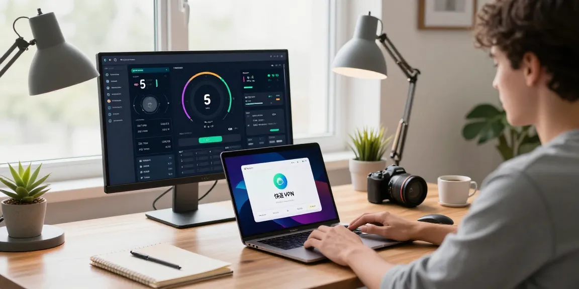 使用快连 VPN 连接快速网络的现代家庭办公场景，用户正在使用笔记本电脑，展示流畅的网络速度分析和安全界面。
