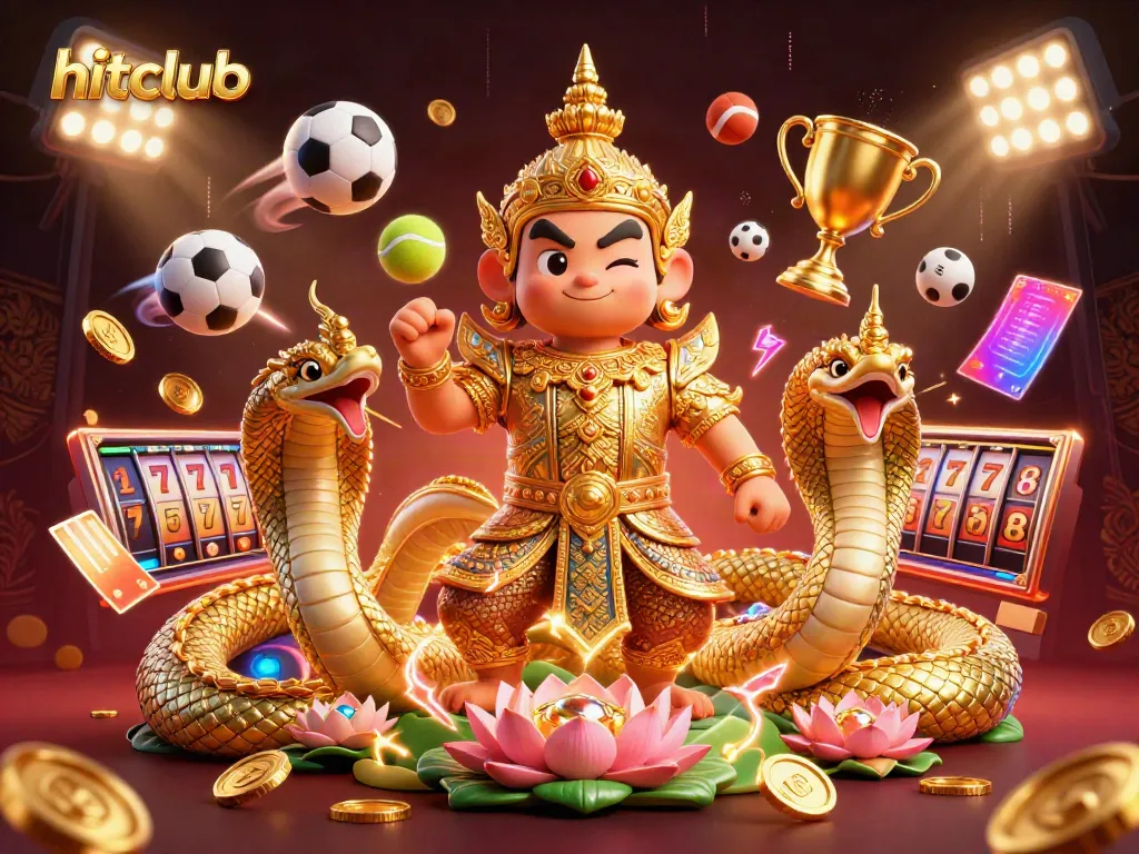 Hitclub showcases dynamic gaming atmosphere with golden temple guardian and sports elements.