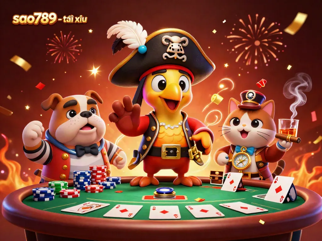 Engaging scene featuring sao789 - tài xỉu characters with poker elements and vibrant celebration effects