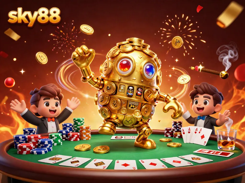 Engage with sky88's vibrant gaming atmosphere, featuring a dazzling golem amidst poker action.
