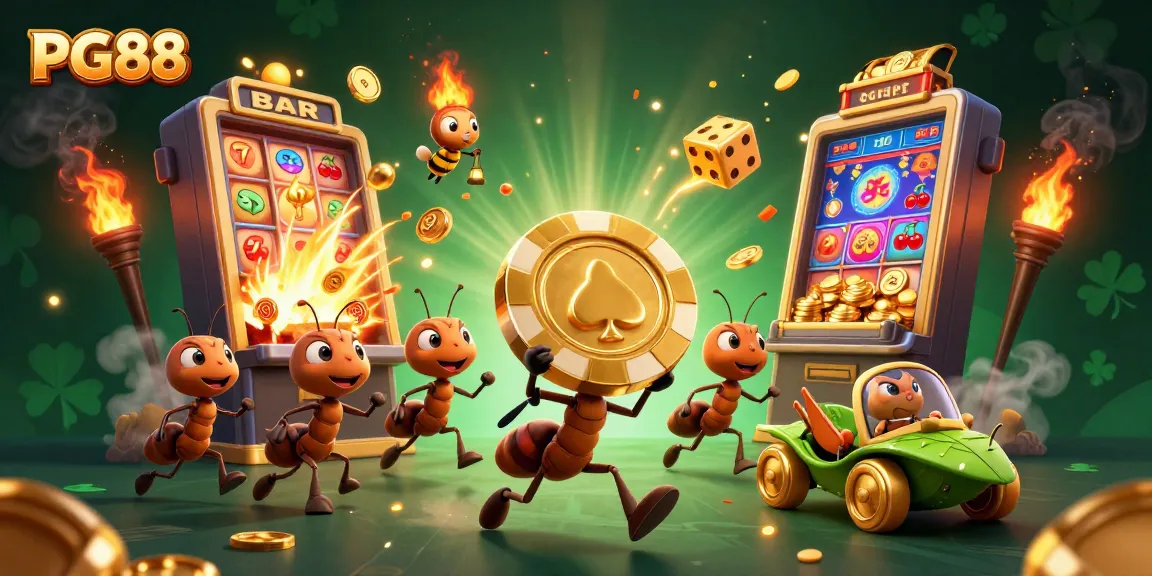 Experience epic wins with PG88 as ants carry a giant chip amidst a vibrant casino heist scene.