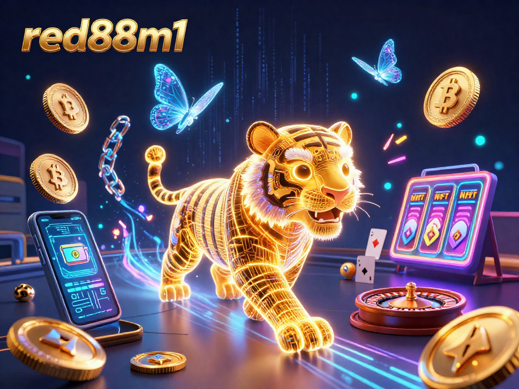 Engage in exciting gameplay at red88m1 with vibrant 3D casino elements, including neon coins and a golden tiger.