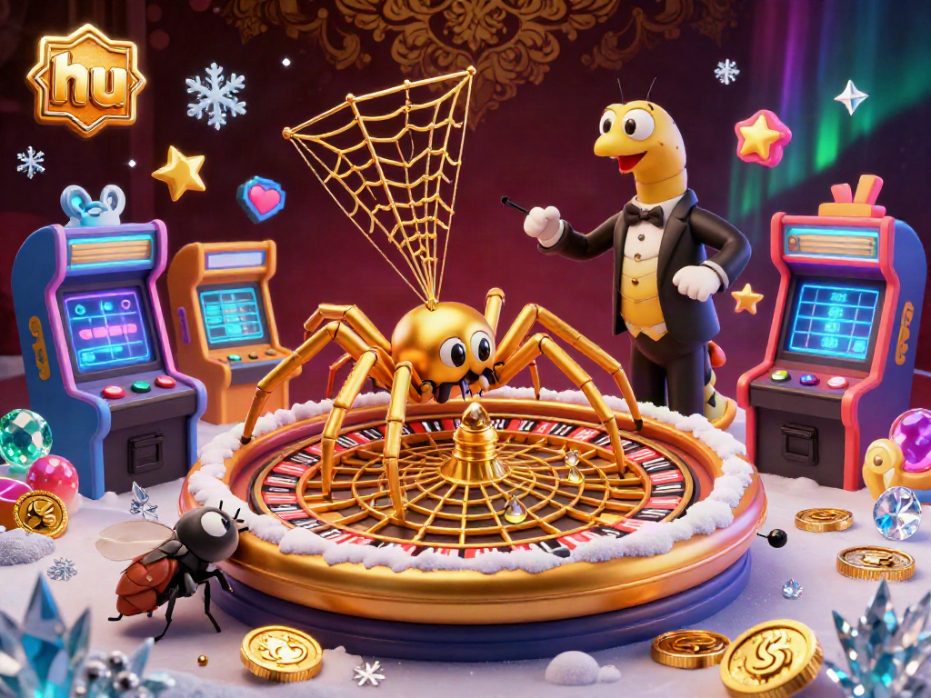 Place bets with hu in a captivating casino scene featuring a golden spider and a centipede croupier.