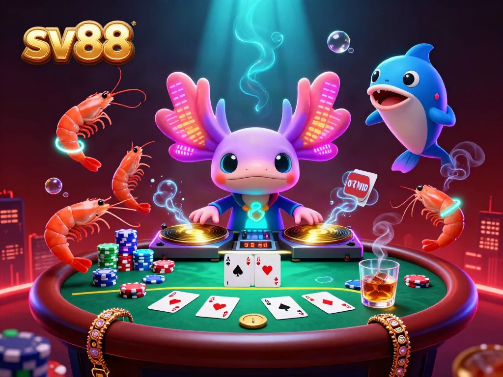 sv88 axolotl DJ spins records with glowing shrimp dancers at a vibrant poker table.
