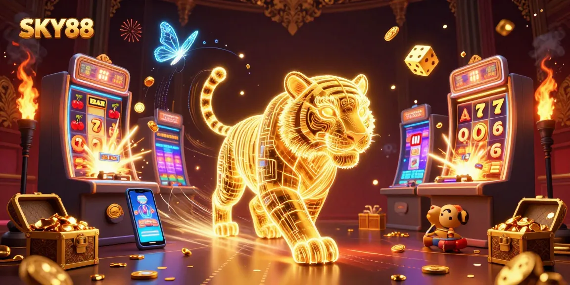 Experience the thrilling energy of SKY88 in this vibrant digital casino scene filled with jackpot excitement.