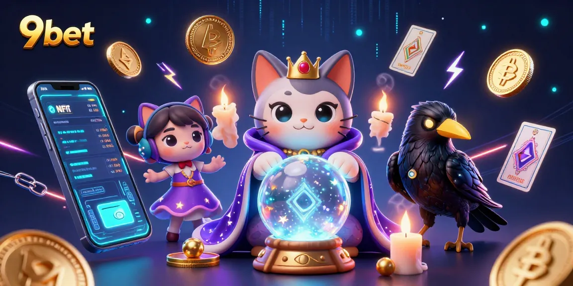 9bet illuminates a mystical casino scene with a fortune teller cat and raven amidst vibrant crypto elements.