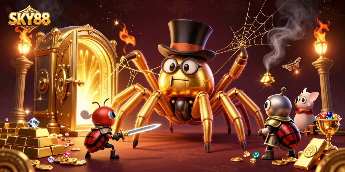 Join the excitement at SKY88 with golden treasures, a tarantula in a top hat, and a brave beetle knight!