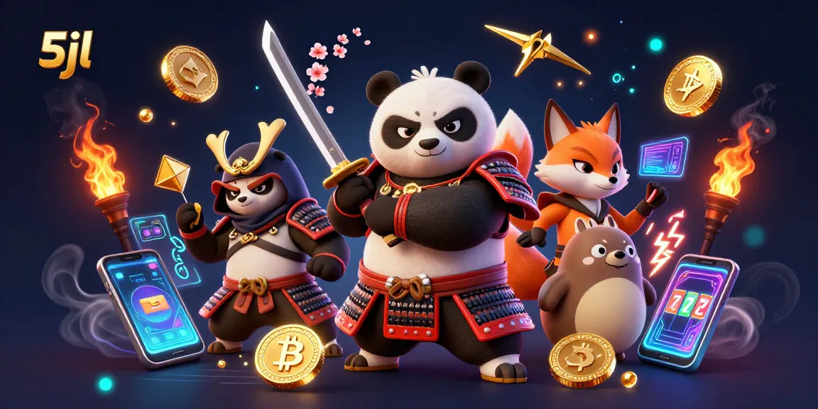 Engage with 5jl's vibrant gaming scene featuring a samurai panda amid slots, crypto coins, and dynamic energy.