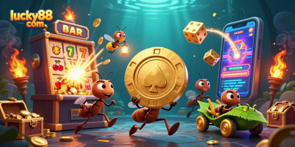 Experience fun gaming with lucky88 com's vibrant scene featuring animated characters and casino elements.