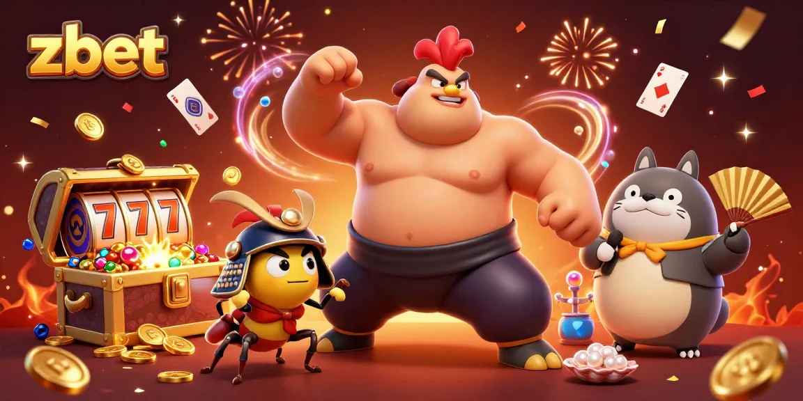 Experience zbet with vibrant cartoon characters celebrating wins amidst slot reels and gold treasures.