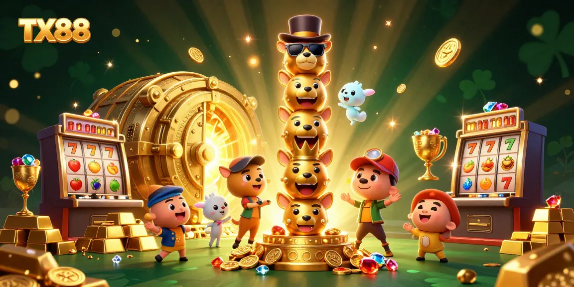 Experience winning at TX88 with a vibrant casino scene featuring slot machines, treasure, and excitement.