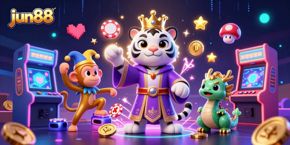 Engage in thrilling games at jun88 with a vibrant scene featuring casino characters and gaming elements.