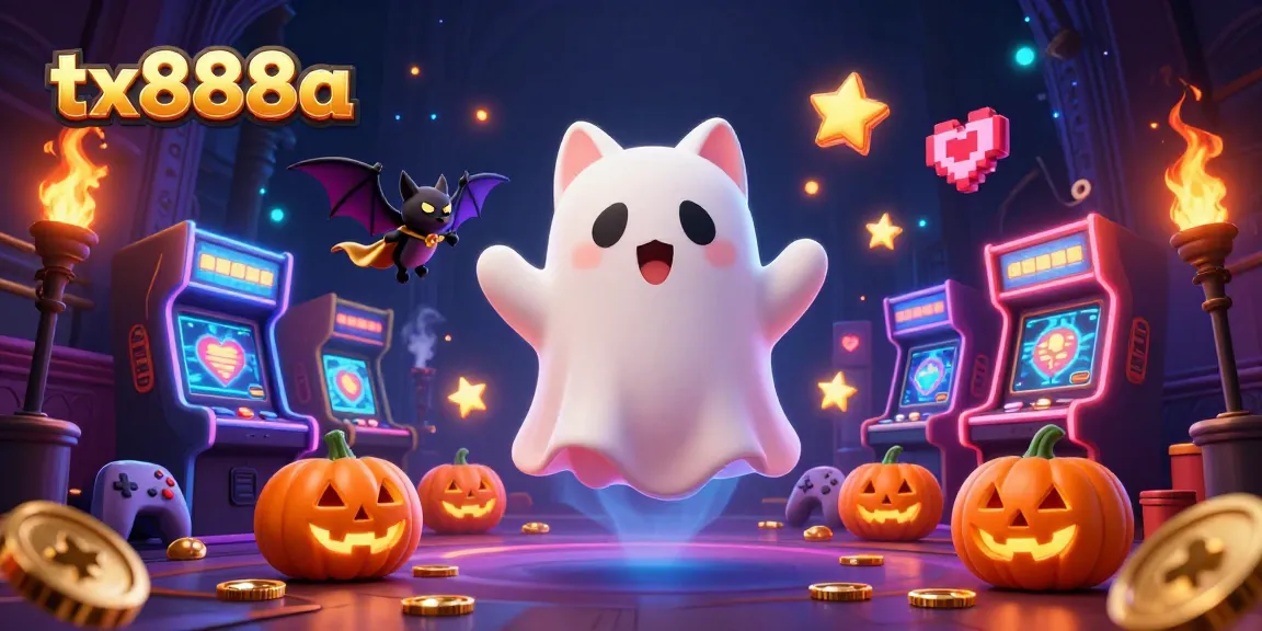 Engage with thrilling games at tx888a featuring a ghostly cat and vampire bat in a vibrant casino.